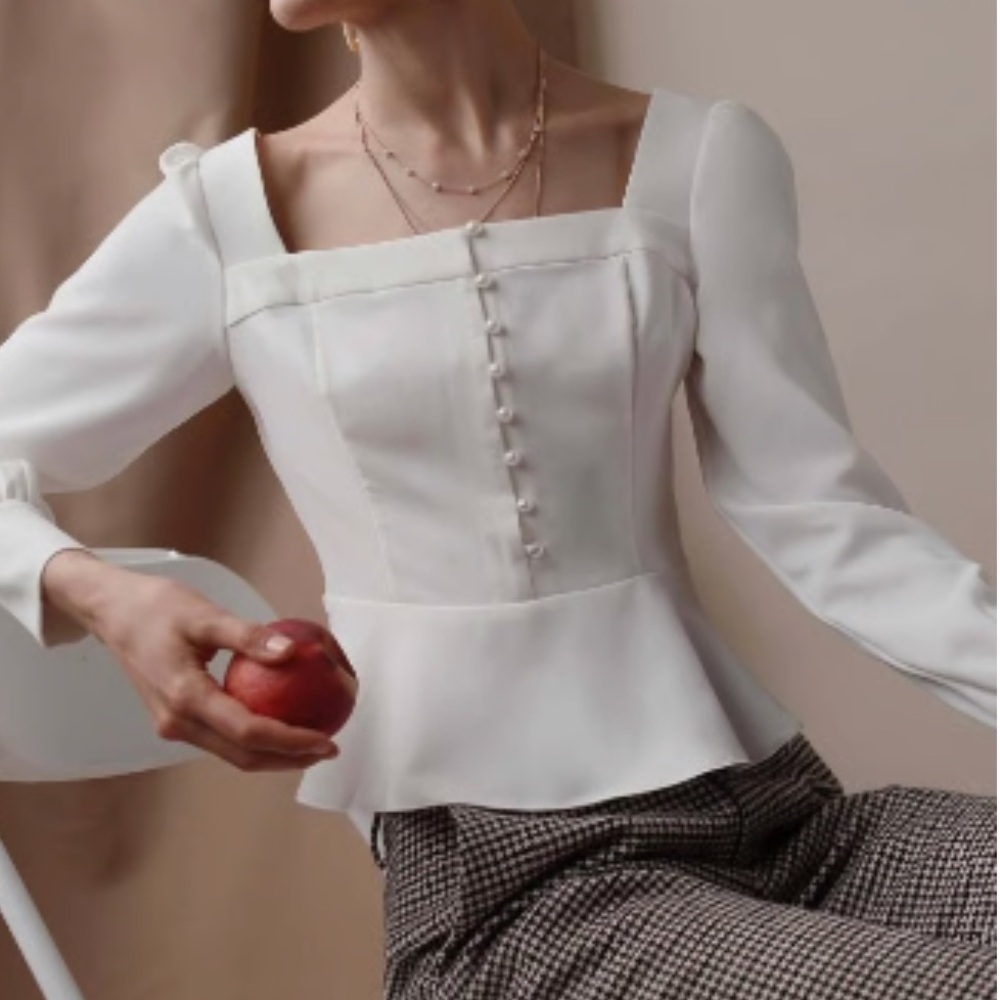 Petite Studio White Long Sleeve Blouse with Pearl Buttons
